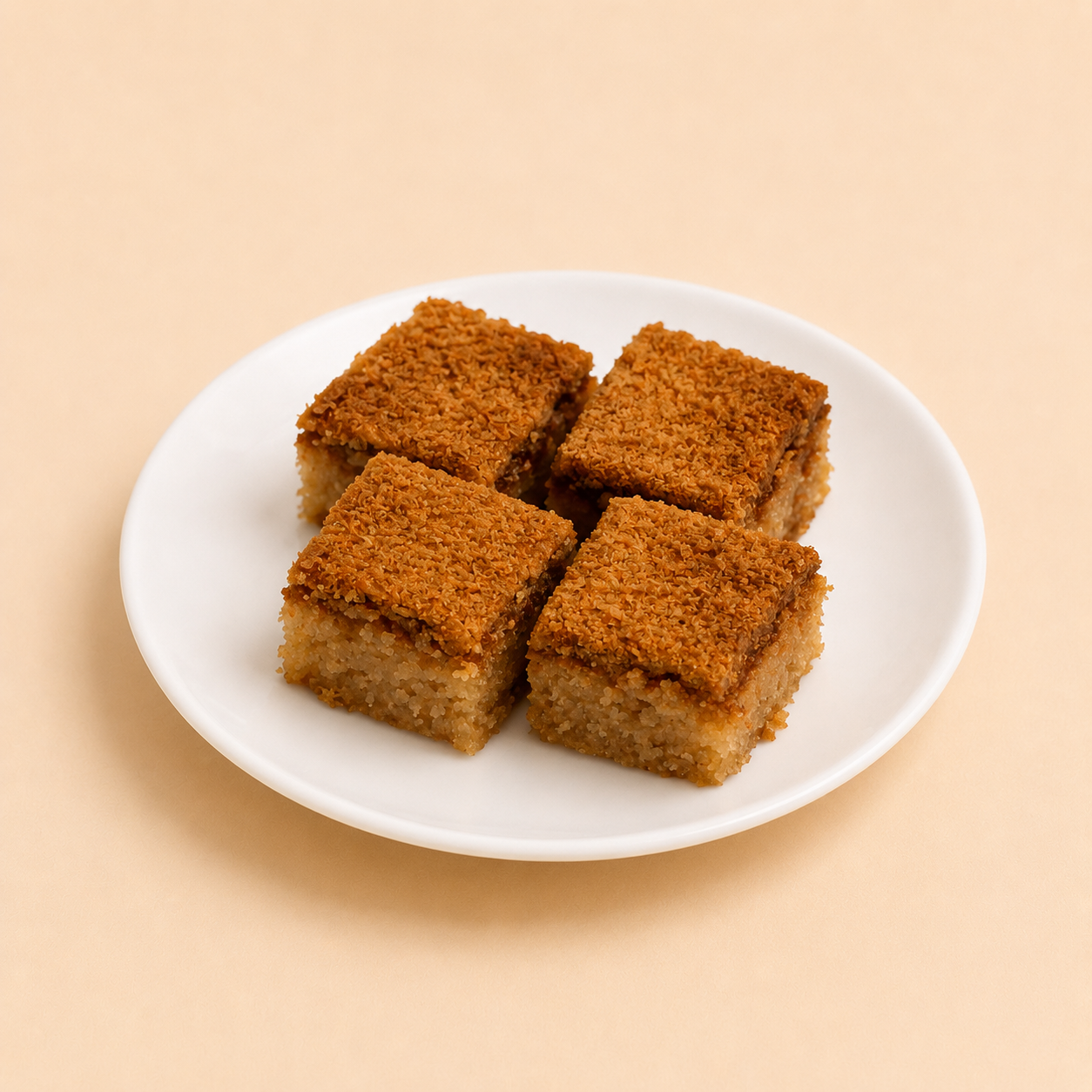 Golden basbousa semolina cake topped with Biscoff spread and cookie crumb